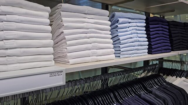 Stacked folded shirts in white, light blue, and navy colors on store shelf. Retail display of regular fit round neck shirts in clothing store. Organized garment presentation in commercial interior. Si