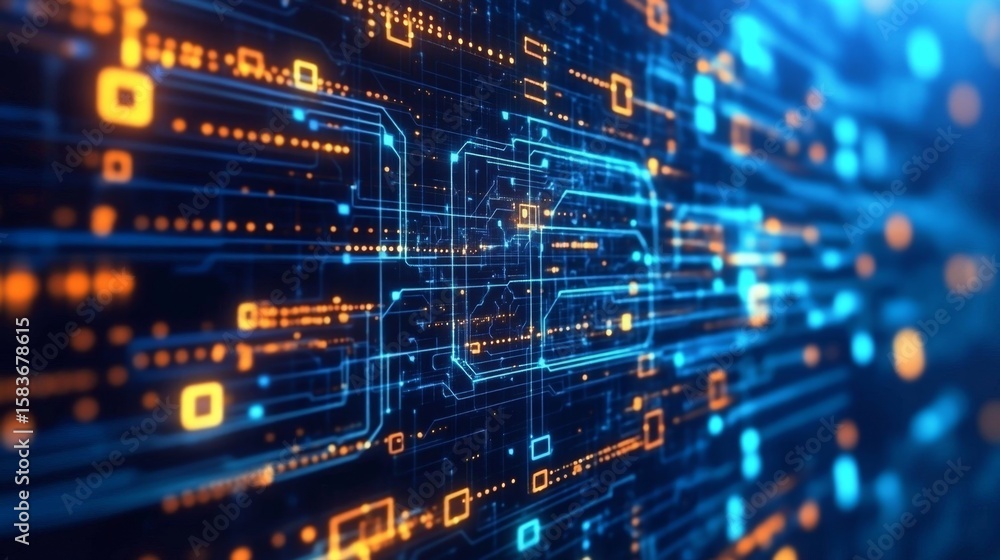 Poster exploring a digital cyberspace glowing circuit pattern virtual environment futuristic atmosphere abs