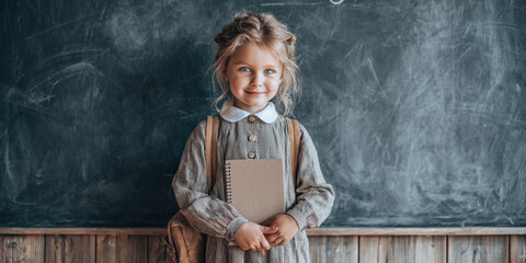 A charming young girl with sweet smile stands confidently in front of blackboard, holding notebook, wearing backpack. Ideal for themes of early education, childhood, new beginnings.