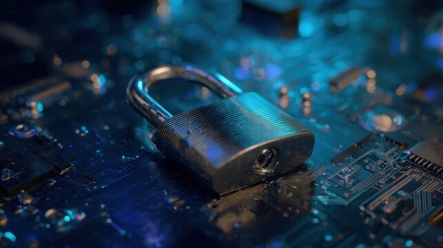The padlock resting on a digital circuit board highlighting security and technology.