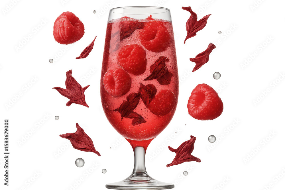 Poster refreshing raspberry cocktail with hibiscus, isolated on transparent background