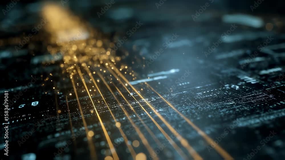 Poster golden particles are flowing on a futuristic printed circuit board, creating a visual representation