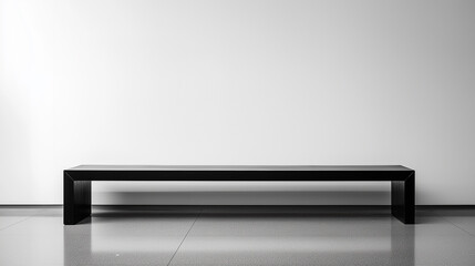 Sleek black bench against a minimalist white wall interior