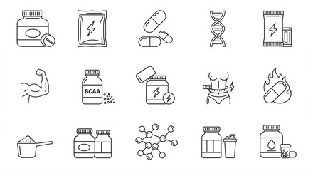 Fototapeta premium Various health and fitness supplement icons organized in a grid pattern.