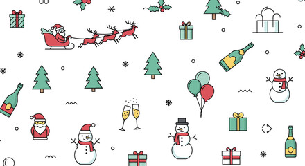 Fototapeta premium Festive holiday celebration patterns featuring santa claus snowmen christmas trees gifts and champagne bottles for a joyful winter season