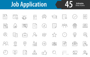 Job Application Line Icons, Resume, Cover Letter, Job Search, Apply Button, Online Form, Editable Formats: AI, EPS, PNG, Ideal for Both UI and Print Media Use
