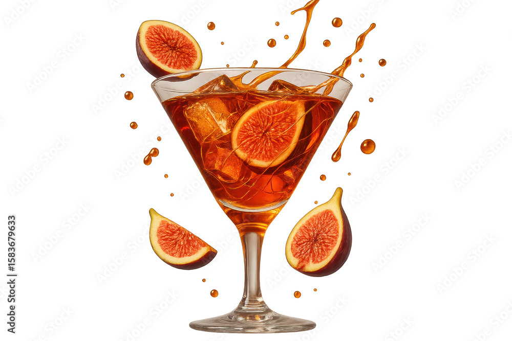 Poster refreshing fig cocktail with ice and liquid splashes isolated on transparent background