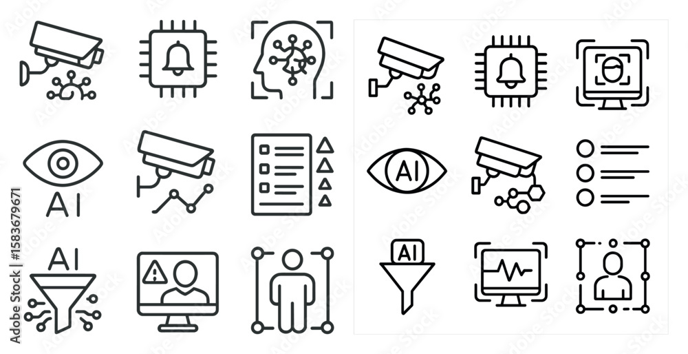 Poster set of icons for a computer program. the icons include a camera, a computer monitor, a person, and a