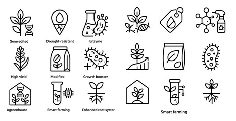 Fototapeta premium Series of plant icons, including a plant growing in a greenhouse, a plant growing in a bag, and a plant growing in a jar