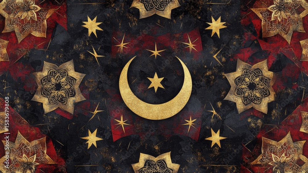 Aufkleber creating a dynamic geometric ramadan pattern featuring crescent moons middle east digital art vibran