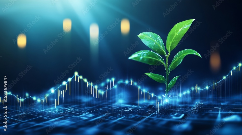 Poster nurturing growth a dynamic design of a plant emerging from a digital landscape with data visualizati