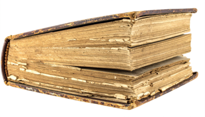 An old, worn book with aged, textured pages rests against a transparent background, ideal for historical themes and academic projects.