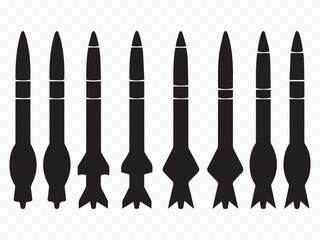 row of black rockets vector, missile silhouette icons for defense, aerospace engineering and military technology design