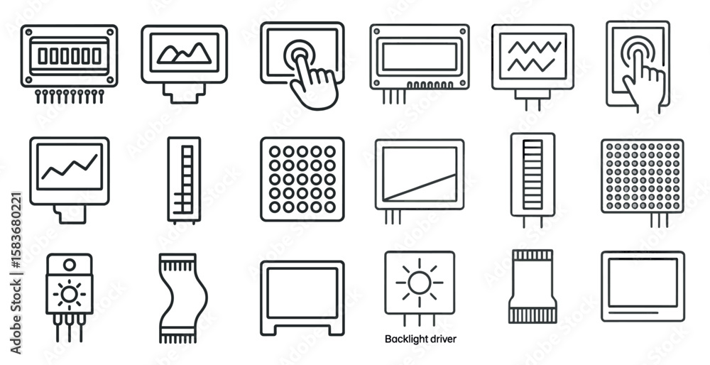 Poster set of icons for a computer monitor, including a backlight driver. the icons are all in black and wh