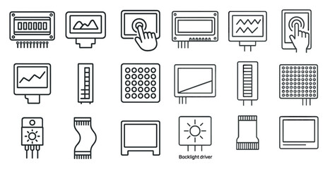 Fototapeta premium Set of icons for a computer monitor, including a backlight driver. The icons are all in black and white and are arranged in a grid