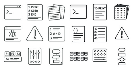 Set of icons for a computer program. The icons include a print button, a print error, a print warning, and a print error