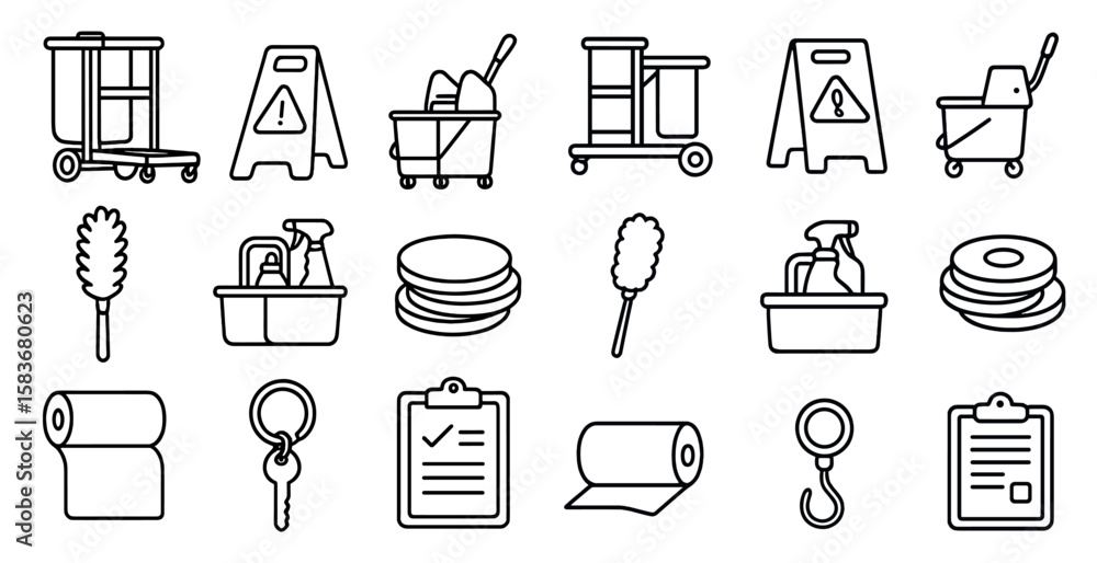 Poster set of cleaning supplies and tools are shown in a line drawing. concept of organization and cleanlin