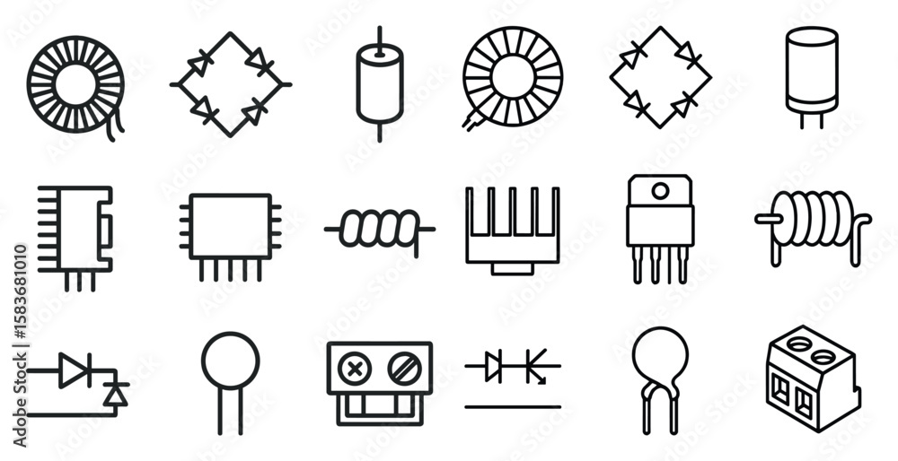Poster collection of electronic components and devices are shown in a black and white style. concept of pre