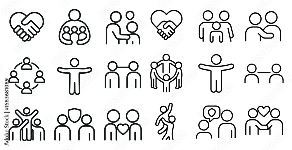Poster collection of black and white icons that represent different types of relationships. the icons inclu