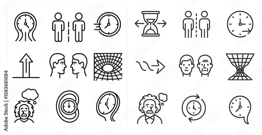 Poster collection of icons that include a clock, a man with a beard, a man with a mustache, a man with a be