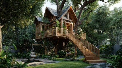 Lush treehouse nestled in a verdant garden