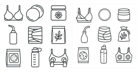 Collection of items related to feminine hygiene and care. The items include a breast pump, breast pads, breast milk, and other feminine care products