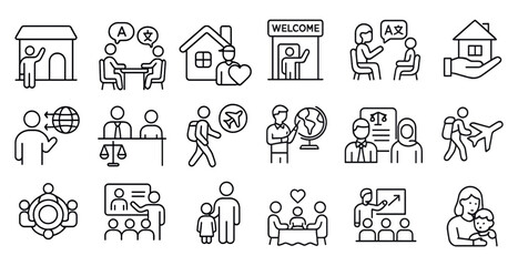 Series of icons depicting various people in different situations, such as a man giving a presentation, a woman holding a child, and a group of people sitting around a table