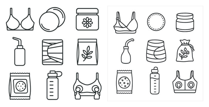 Collection of items related to feminine hygiene and care. The items include a breast pump, breast pads, breast milk, and other feminine care products