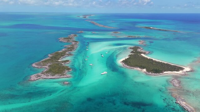 Aerial view of boats near islands, The Bahamas.