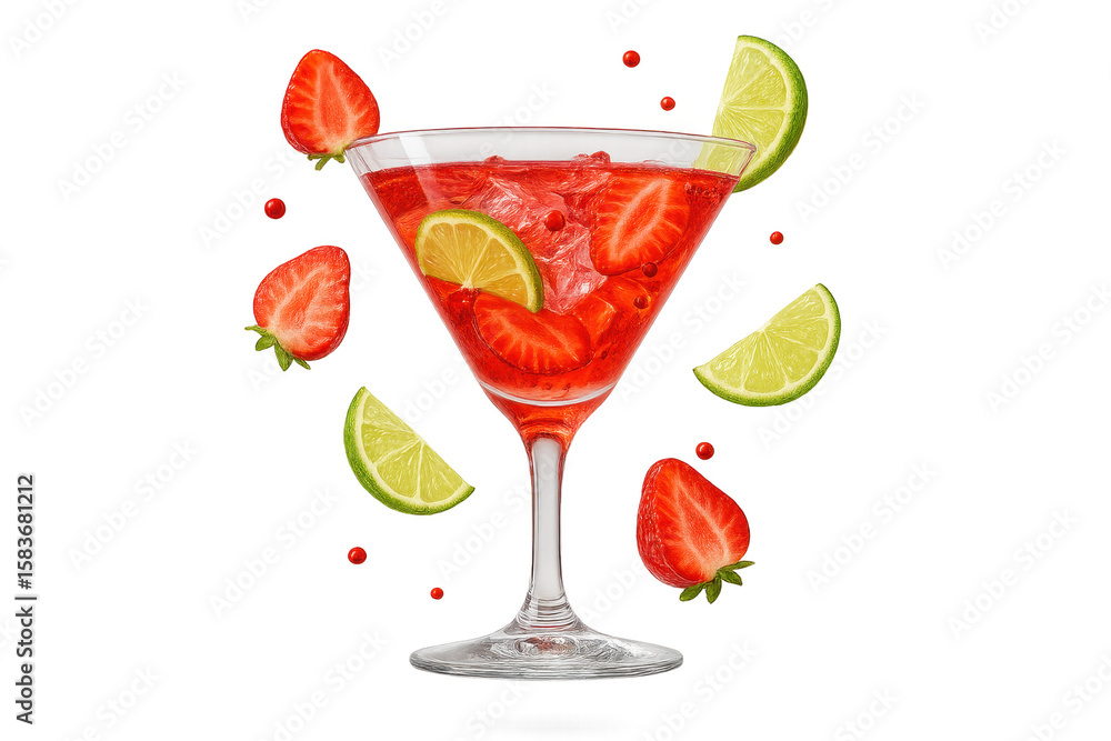 Poster refreshing red strawberry cocktail with lime slices isolated on transparent background.