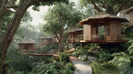 Lush jungle with elevated wooden cabins