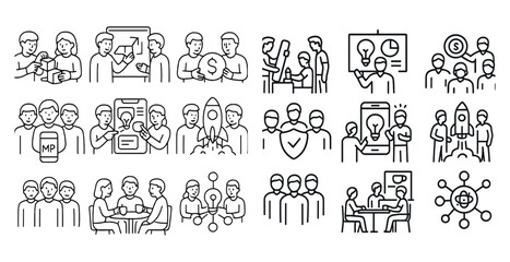 Series of people in various positions, including a man holding a cell phone and a woman holding a book