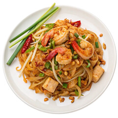 Pad Thai dish with rice noodles isolated on transparent background  
