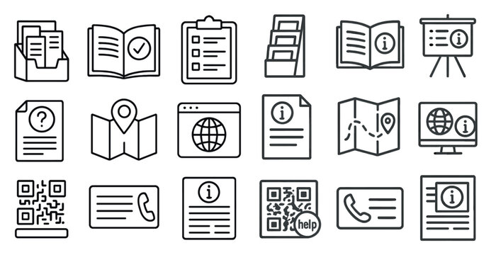 Set of icons for various office supplies, including a book, a clipboard, a computer monitor, a phone, a map, a QR code, and a brochure