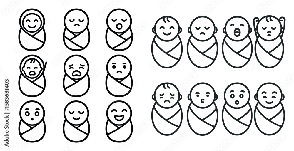 Poster set of baby faces with different expressions. the first set of faces are smiling, while the second s