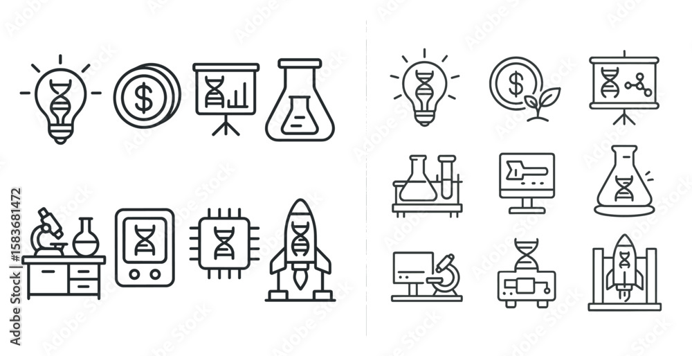 Poster set of icons for science and technology. the icons include a light bulb, a dollar sign, a computer, 