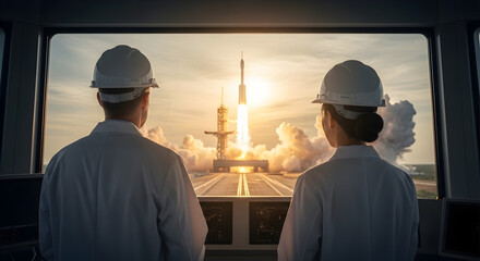 Rocket Launch Control Center: Engineers Witnessing Liftoff