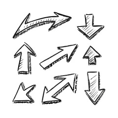 Hand drawn line chalk brush stroke arrow icon set. Chalk crayon underline, check mark, scribble and texture in rough hand sketch style. Drawn heart, frame, star design shapes. Vector illustration