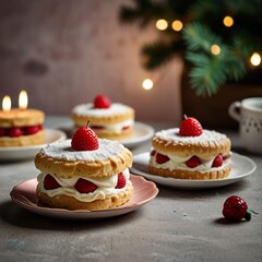 Delicious strawberry shortcakes with cream and powdered sugar