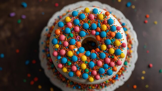 A festive donut covered in colorful sprinkles and candy balls