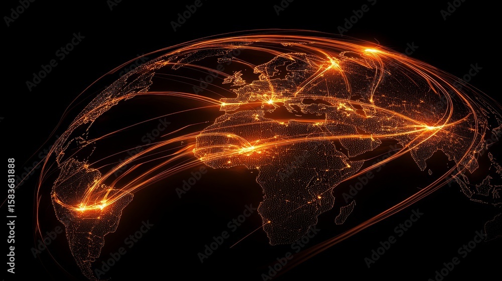 Aufkleber abstract visualization of global data pathways on a radiant globe against a dark background