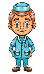 Obraz premium Young male cartoon character in light blue medical uniform with a traditional hat. standing confidently with hands on hips against a plain background.