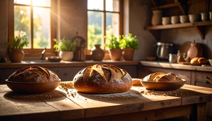 Obraz premium Rustic loaves of bread on a wooden table in a sunlit kitchen