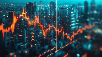 Visualizing market trends a glowing abstract forex candlestick chart over urban landscape digital art perspective