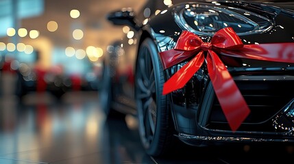 Sleek black car with red ribbon bow in dealership