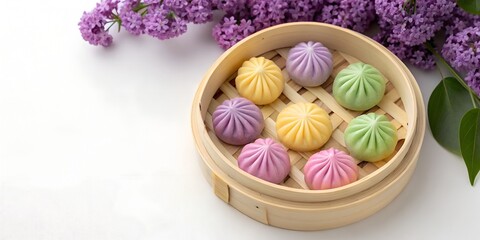 Colorful Steamed Dumplings in Bamboo Basket with Lilac 