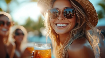 Smiling woman in straw hat with beer