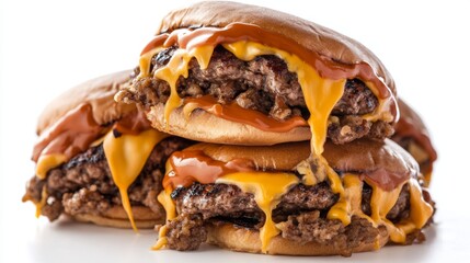 Stacking three juicy fast food burgers for a mouthwatering meal experience kitchen counter food photography indoor setting close-up angle