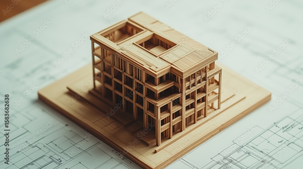 Poster creating a handcrafted wooden model of an office building in a design studio environment for archite