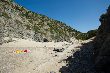 view of the sea at Cala Domestica beach and promontory, along the west coast of Sardinia, Buggerru,...